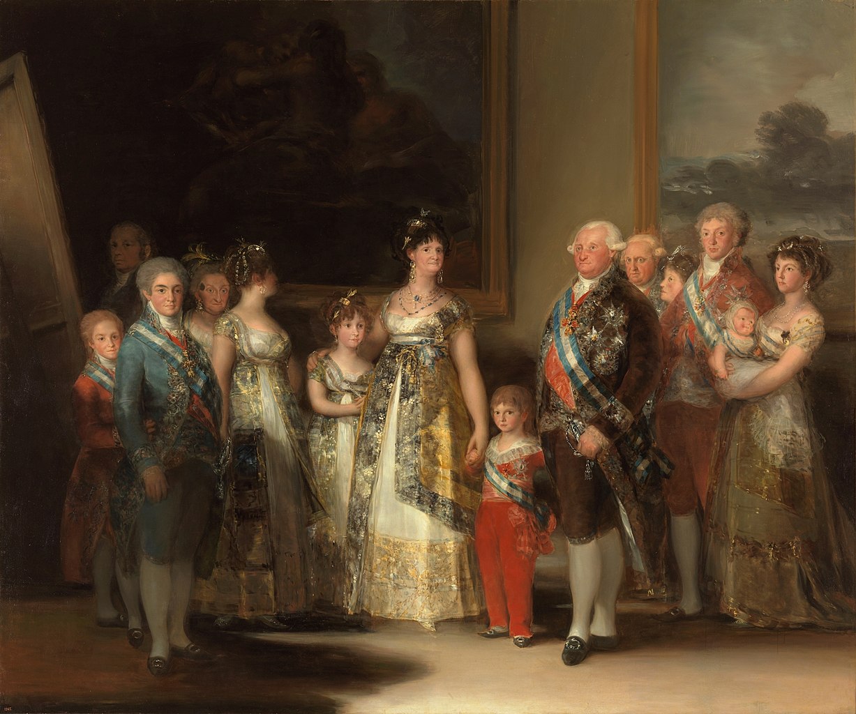 스페인 국왕 찰스 4세Charles IV, 1788~1808 재위와 그의 가족 초상화다. 그의 아이들은 누구를 닮았을까. 	Francisco Goya, '찰스 4세와 그의 가족', 1800~1801, 캔버스에 오일,  280 × 336 cm, 마드리드  프라도미술관 소장.