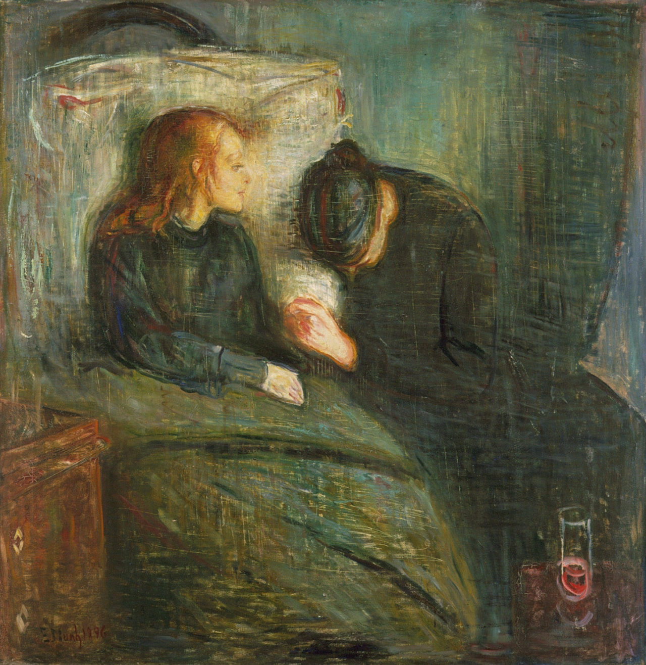 어린 시절 정신질환을 앓았던 뭉크에서 누이의 죽음은 큰 충격을 다가왔다. '아픈 아이'라는 제목의 이 그림은 병석의 누이를 그린 작품으로 모두 6개의 모작이 있을 정도로 뭉크가 집착했던 그림이다. 뭉크 Edvard Munch,1863~1944. 아픈 아이, 1896, 캔버스에 오일, 118 × 121cm, Gothenburg Museum of Art 소장.