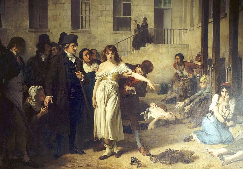 Dr. Philippe Pinel at the Salpêtrière, 1795 by Tony Robert-Fleury. Pinel ordering the removal of chains from patients at the Paris Asylum for insane women.병원에 수감된 정신병자들의 사슬을 처음 풀어준 것은 1795년의 일이다. 풀어 준 게했던 것이 파에게 인간적인 대우를