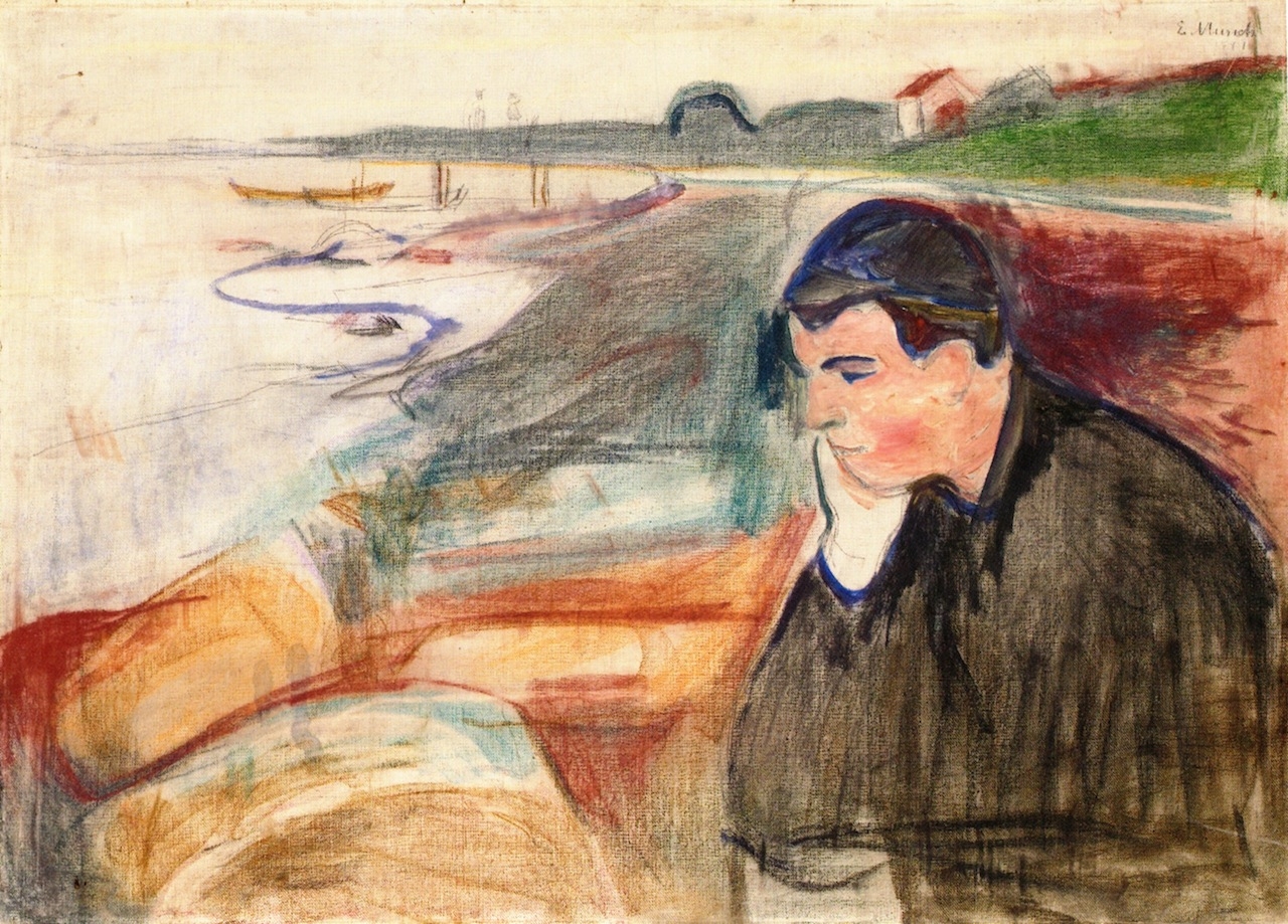 이 사나이는 무엇을 후회하는 것일까? 에드바르드 뭉크의 작품이다. Edvard Munch  (1863–1944), 'Evening, Melancholy', 	1891, oil, pastel and pencil on canvas,  73 * 101 cm, Munch Museum, Norway.