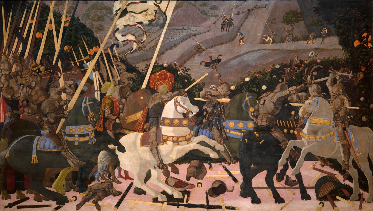 마키아벨리가 활동시대 전쟁은 용병들에 의해 치루어졌다. 그러나 돈만 바라는 용병들은 제대로 싸우지 않을 뿐아니라 오히려 배반할 가능성도 높았기 때문에 마키아벨리는 용병 사용을 극력 반대했다. 현명한 군주라면 자신의 군대를 가져야 한다고  목청을 높였다. 그림은 당시 용병들이 싸우는 모습을 담고 있다.  Niccolò Mauruzi da Tolentino at the Battle of San Romano (probably c. 1438–1440), egg tempera with walnut oil and linseed oil on poplar, 182 × 320 cm, National Gallery, London.[2]'