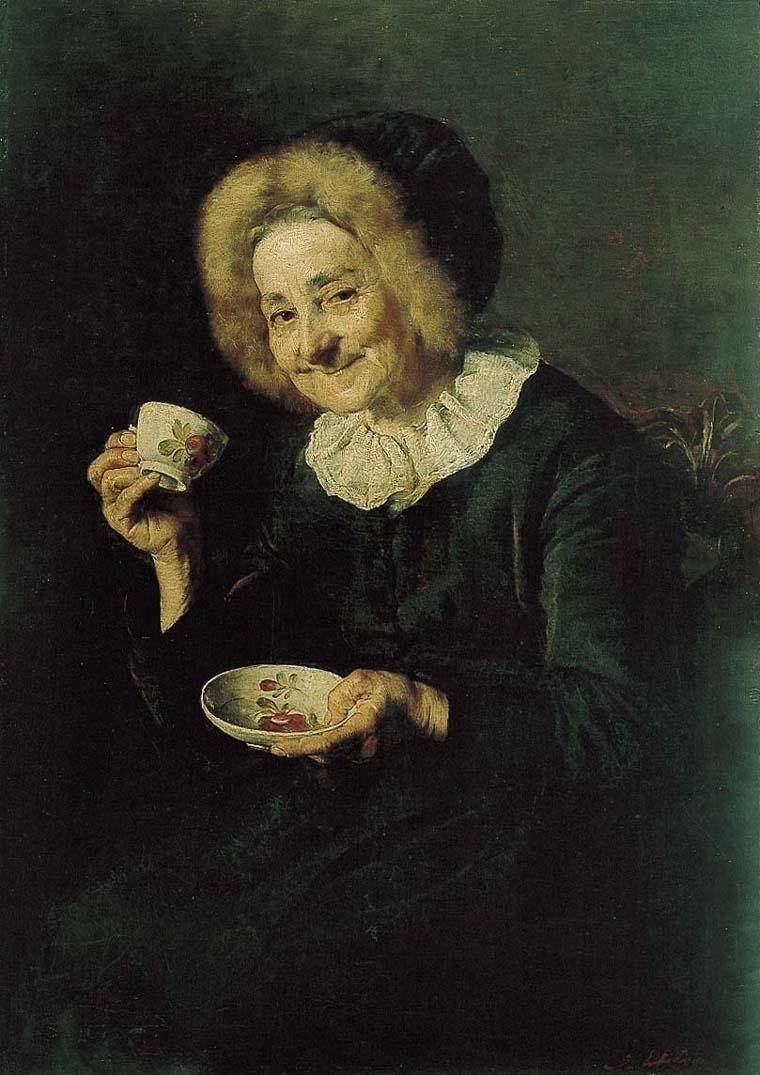 19세기에도 꽃모양의 사기 잔에 커피를 즐길 줄 안다면 부유층으로 Ivana Kobilca  (1861–1926), 'Coffee drinker', 1888, oil on canvas,100 cm (39.3 in); Width: 70 cm, National Gallery of Slovenia.