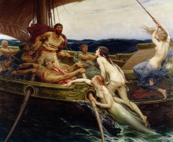 외부의 유혹을 이겨내기 위해서는 귀를 막고 몸을 묶어야 할지도 모른다. 사이런의 유혹을 이겨내기 위해 자신의 몸을 돛대에 묶었던 오디세우스의 신화를 묘사한 작품. Herbert James Draper  (1863–1920), 'Ulysses and the Sirens', c. 1909,  oil on canvas,  177 * 213.5 cm, Ferens Art Gallery.