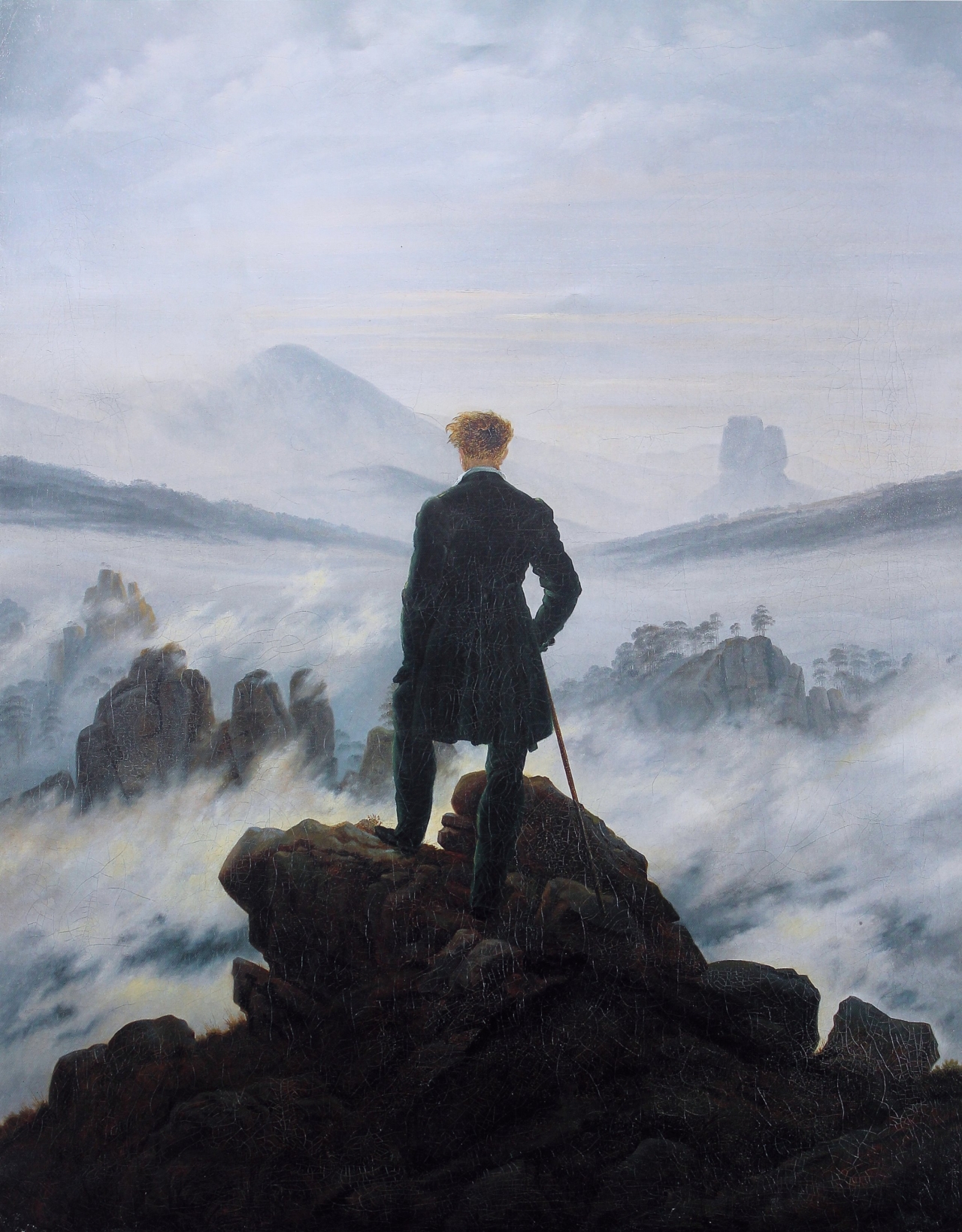 Caspar David Friedrich, 'Wanderer above the Sea of fog', 1818, Oil-on-canvas, 94.8 cm × 74.8 cm, Kunsthalle Hamburg, Hamburg, Germany