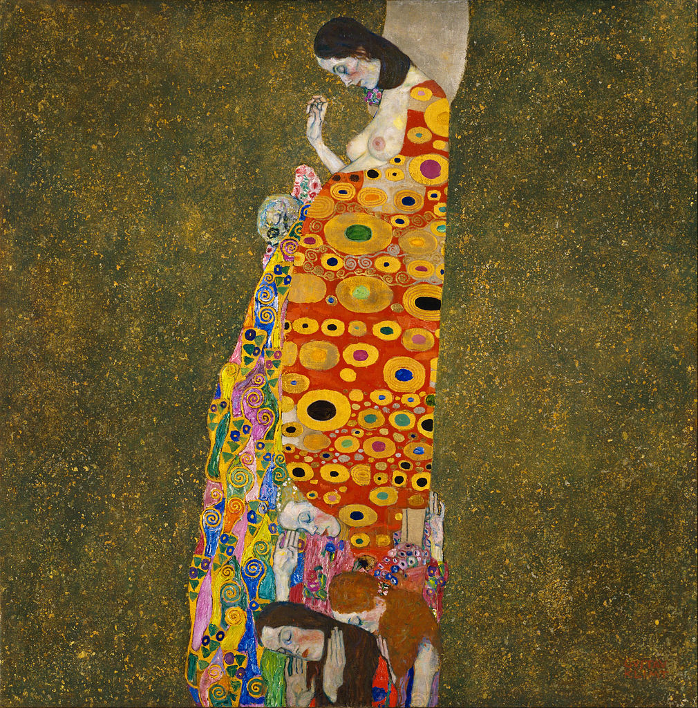 불안한 세기말을 살았던 구스타프 클림프는 임신의 불안과 희망을 이렇게 그려냈다. Gustav Klimt  (1862–1918), 'Hope II', 1907 - 1908, Oil, gold, and platinum on canvas, 1,105 * 1,105 mm, Museum of Modern Art, New York.