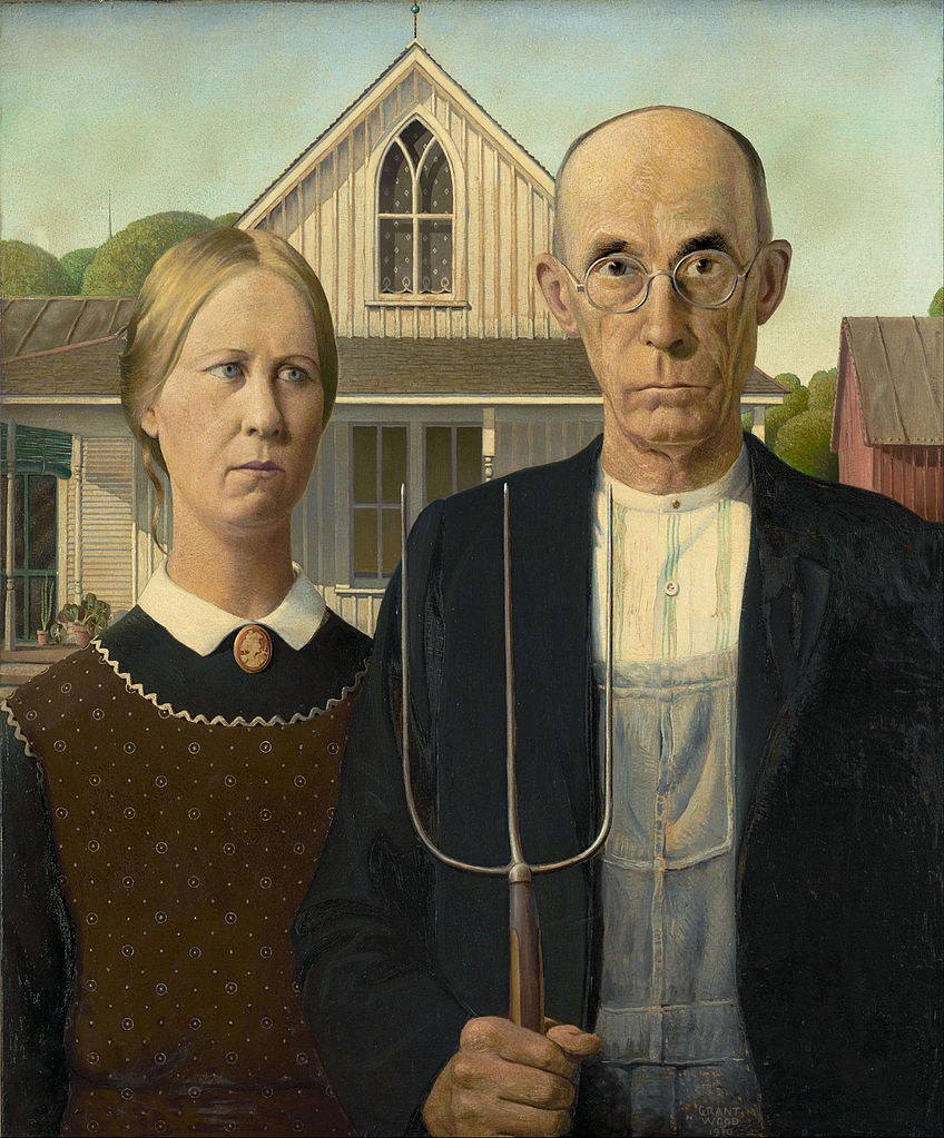 Grant Wood  (1891–1942), American Gothic, 1930, oil on beaverboard, 780 * 653 mm,  Art Institute of Chicago, USA.