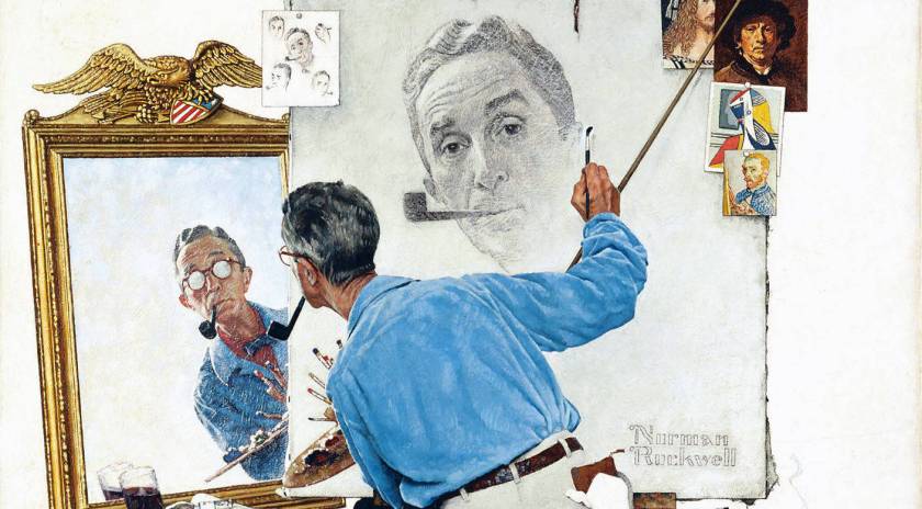 Norman Rockwell (1894-1978), “Triple Self-Portrait”, 1959. Oil on canvas, 44 1/2″ x 34 1/3″. Cover illustration for “The Saturday Evening Post,” February 13, 1960.