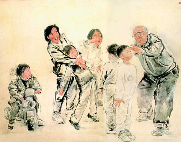 한국인의 정감어린 삶을 즐겨 표현해온 김호석 화백(1957년생)의 ‘키재기-꿈꾸기’란 작품이다.