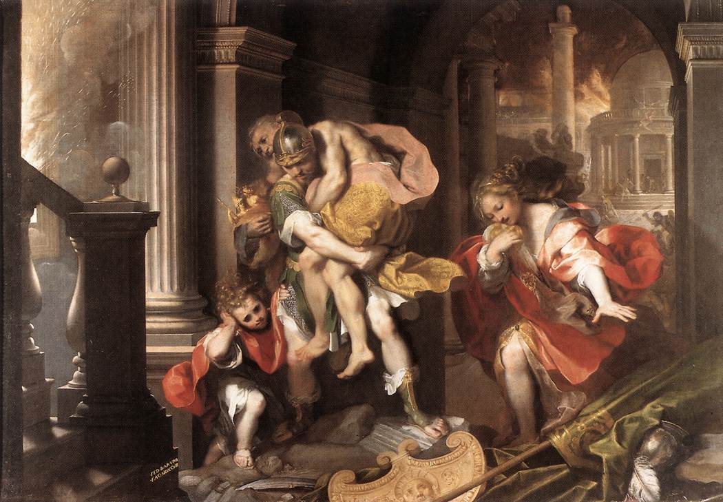 루벤스에게 깊은 영향을 준 것으로 알려진 이탈리아 르네상스 화가 바르코치가 불타는 트로이에서 탈출하는 아이네아스 가족을 모습을 남겼다. 모든 것이 무너져 내리는 파국 속에서 희망의 길을 헤쳐 나간 것이 로마의 출발점이 되었다. Federico Barocci  (1535–1612), Aeneas Flees Burning Troy, 1598, oil on canvas, Galleria Borghese , Italy.