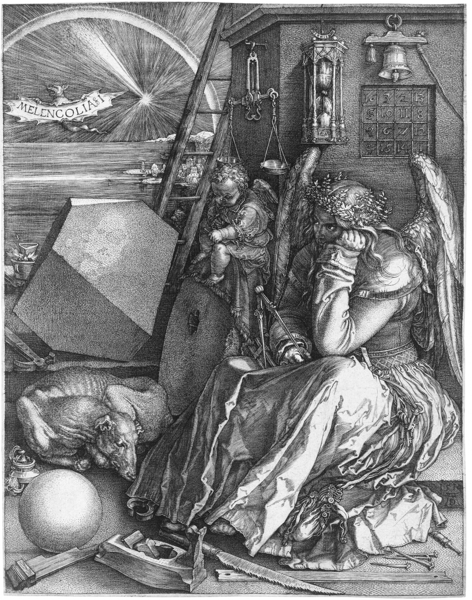 신에 의해 만들어진 세계의 질서와 아름다움을 이해할 수 없는 르네상스 지식인의 자화상을 그렸다는 평을 듣는 작품이다. 마찬가지로 우리는 새롭게 펼쳐진 세계를 이해하기 위한 노력을 해야 할 때다. 알브레히트 뒤러, 멜랑콜리아 I, 동판화, 1514년.