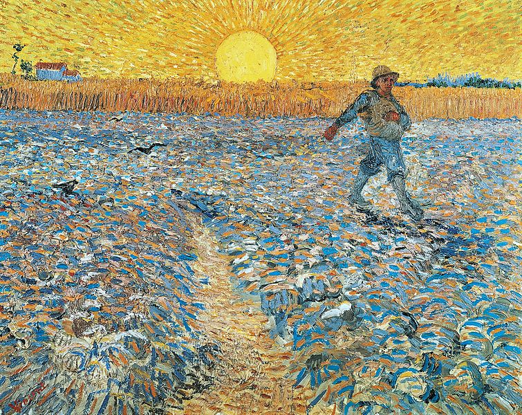 빈센트 반 고흐, '씨 뿌리는 사람', 1988, 캔버스에 유채. 해가 저물어 가는 석양을 등지고, 척박해 보이는 땅에 씨를 뿌리는 농부. 햇살은 농부를 응원하는 것 같다.